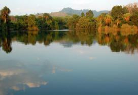 Still lagoon surrounded by colorful trees